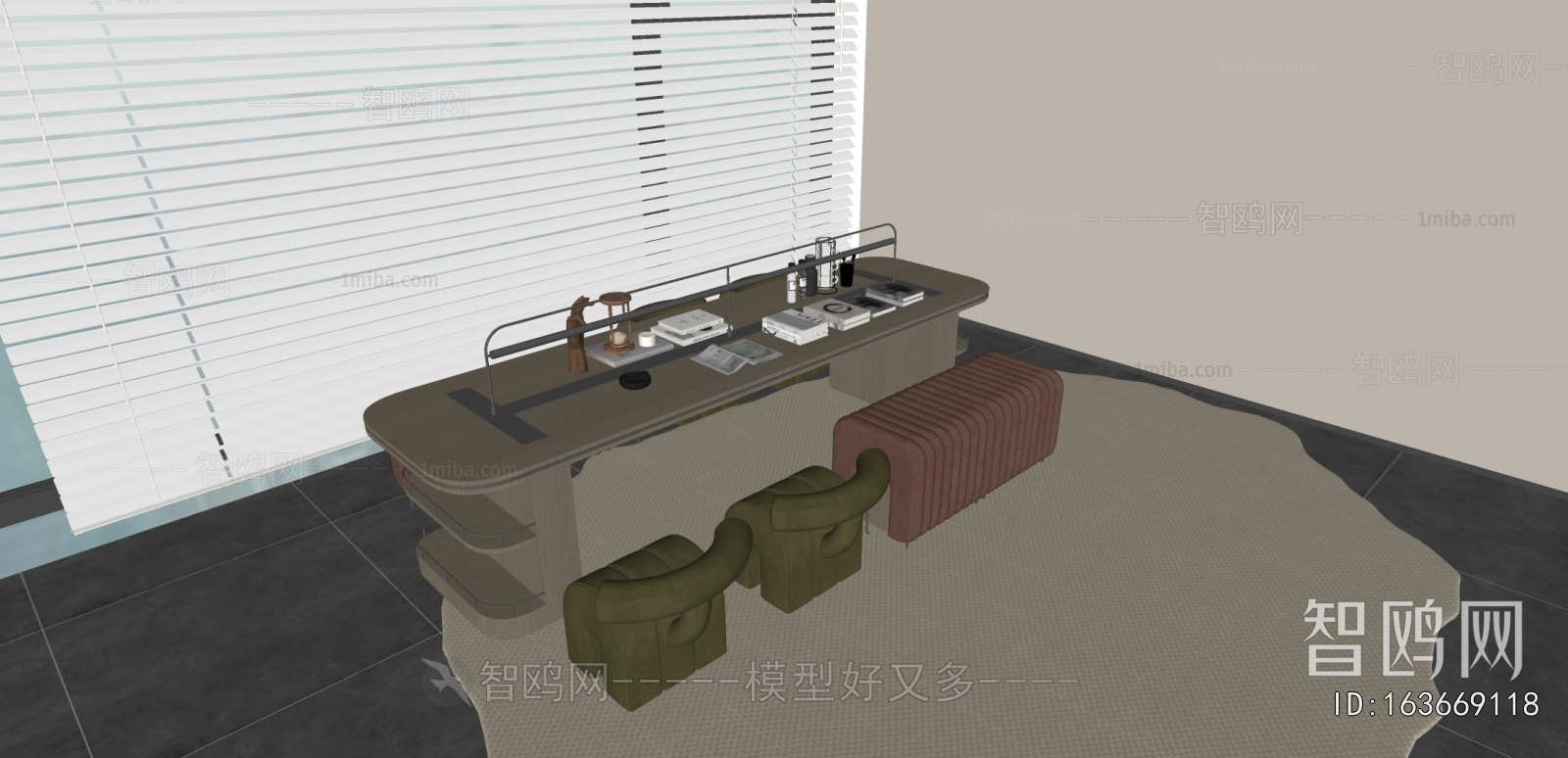 现代长条书桌凳组合