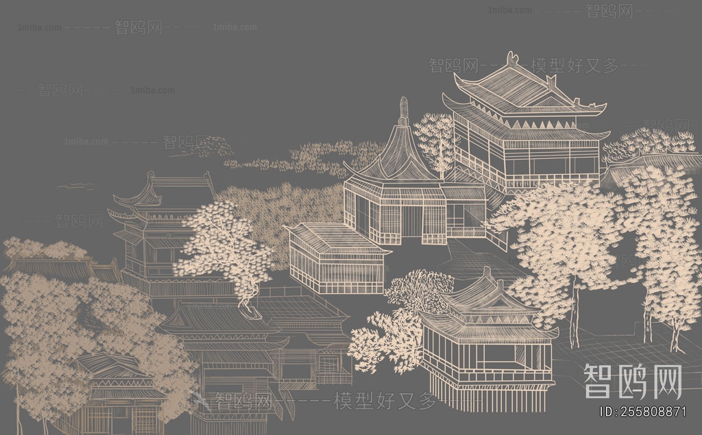 新中式线描楼阁壁画