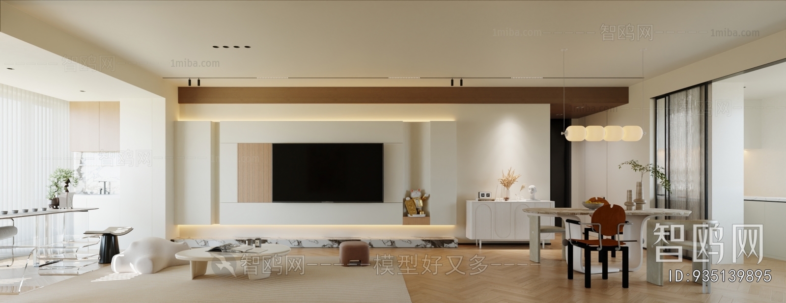 多场景-现代中古奶油风客餐厅+玄关过道
