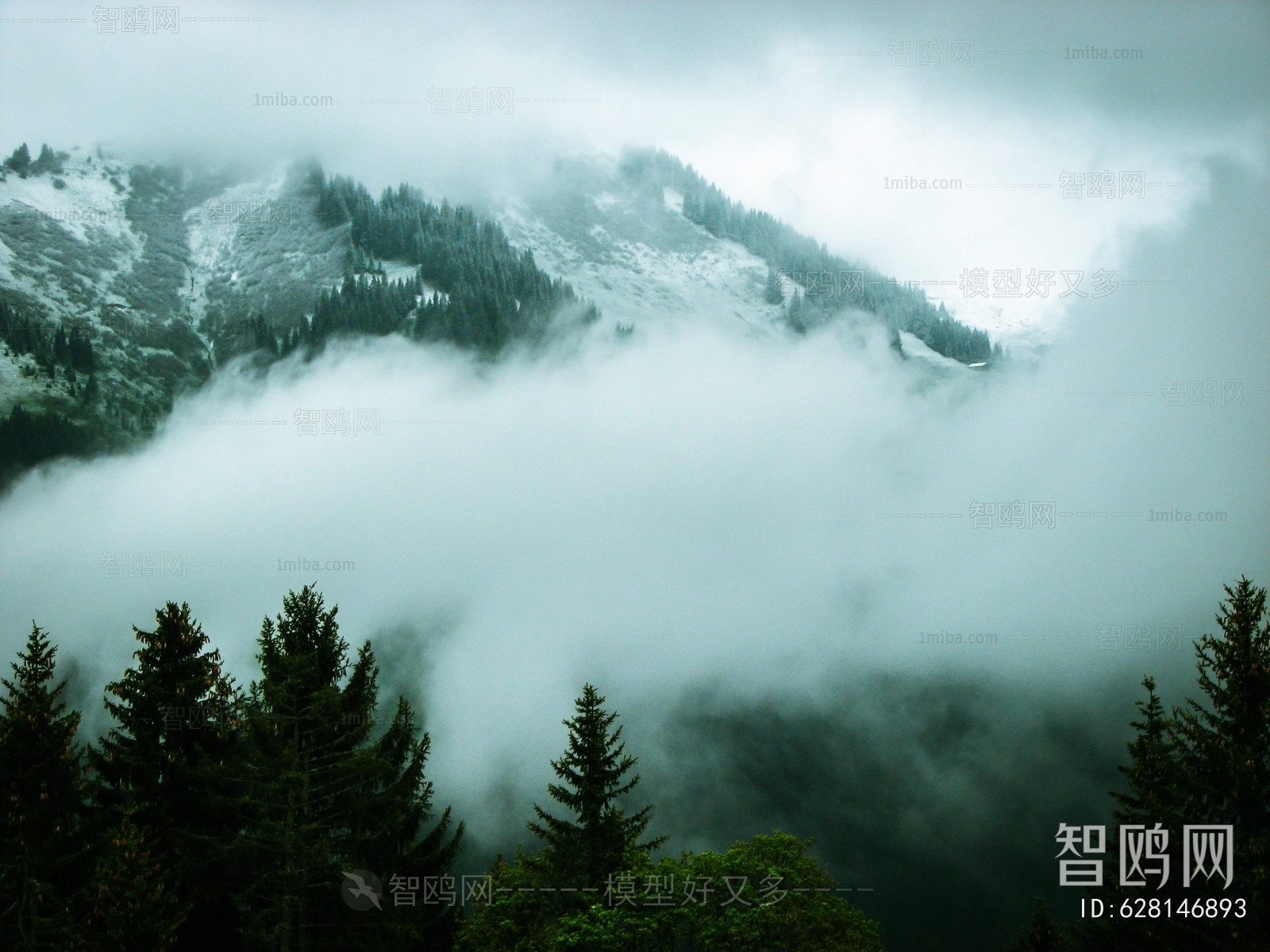 新中式山水烟雨朦胧风景