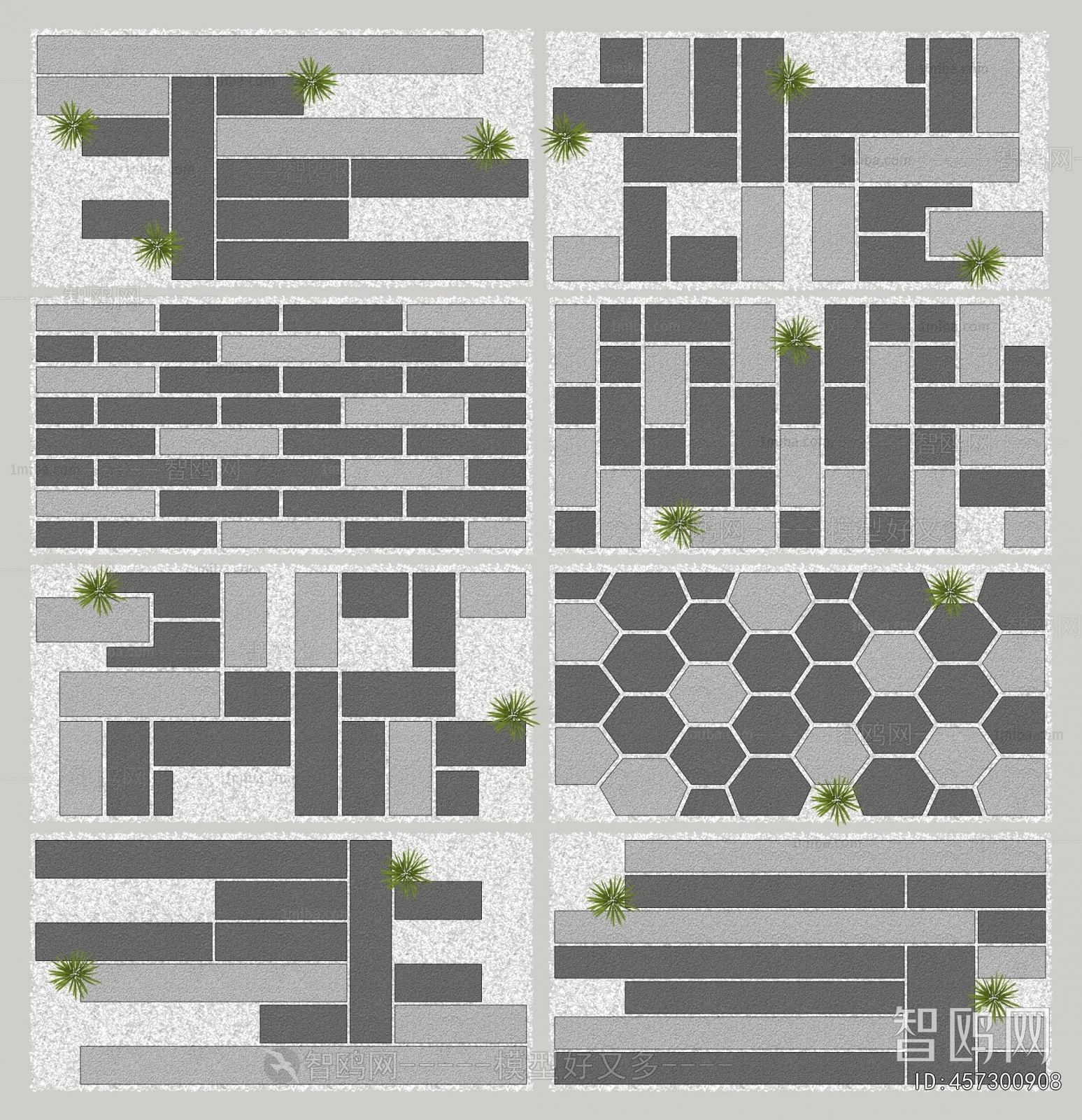 现代石板路青砖嵌草砖铺装组合