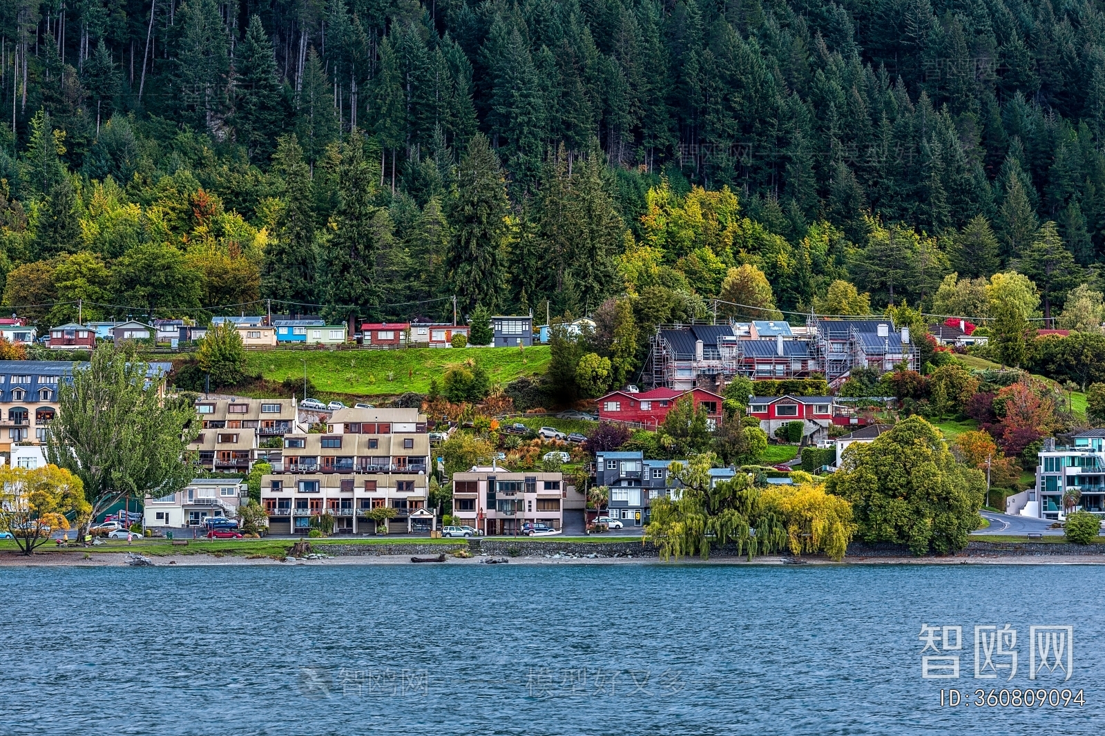 现代乡村湖边风景