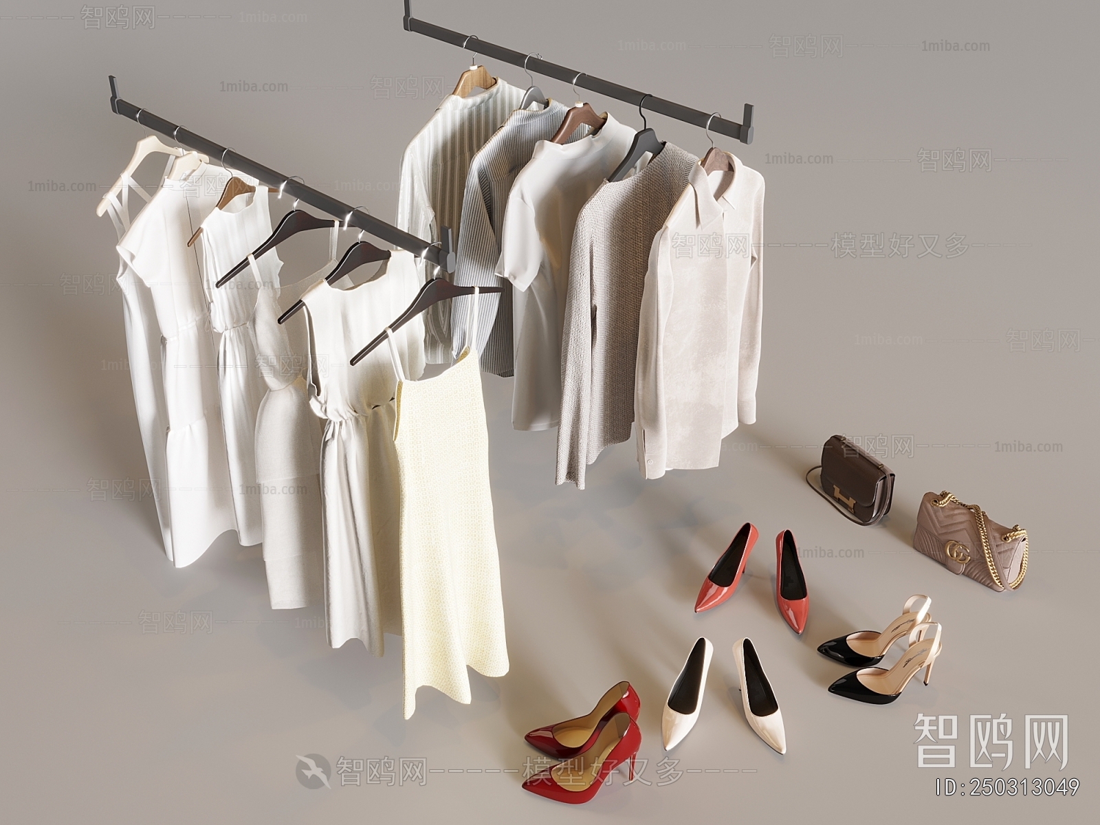 现代衣服衣架高跟鞋组合
