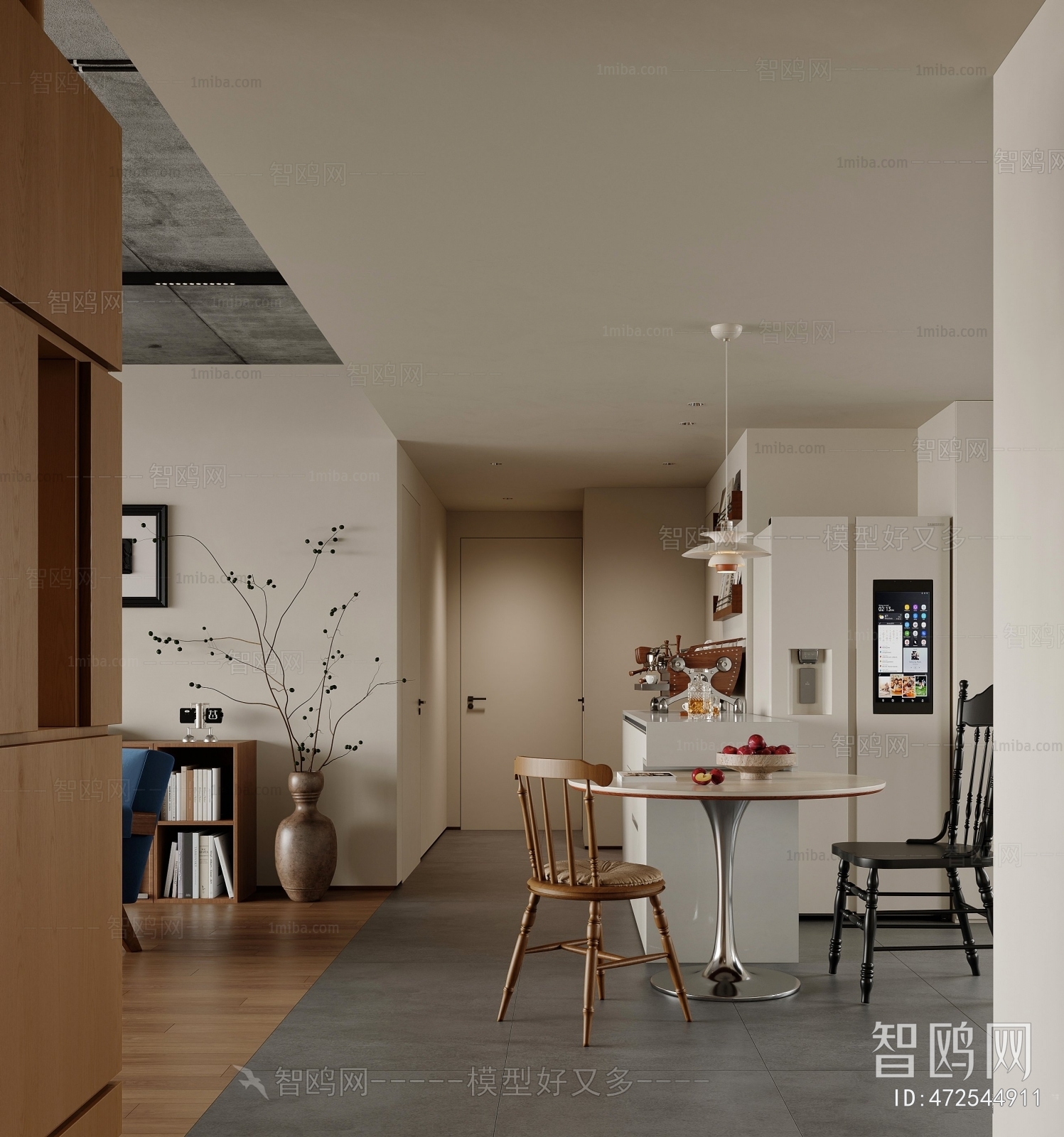 多场景-现代餐厅+客厅+书房