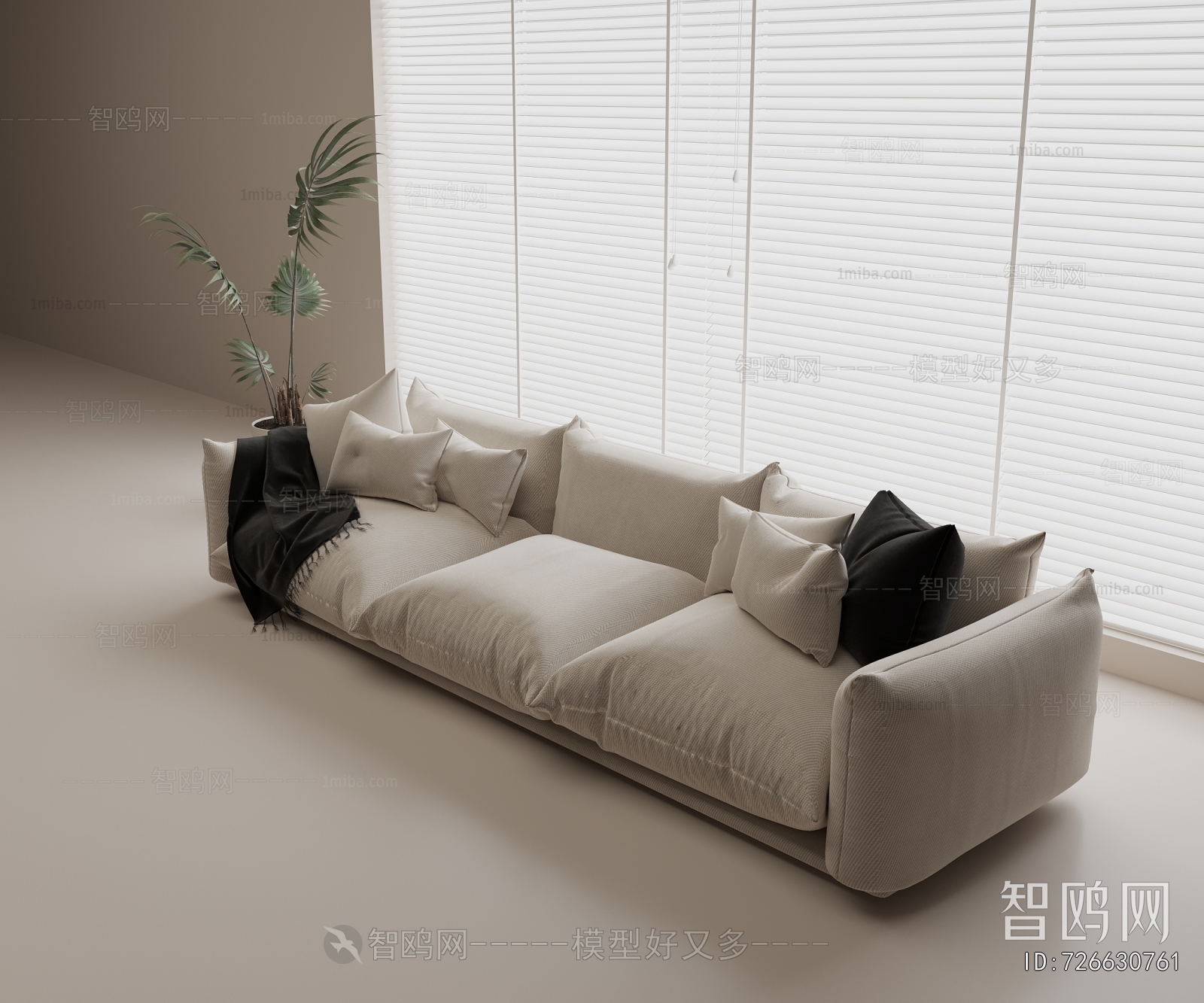 现代白色布艺三人沙发