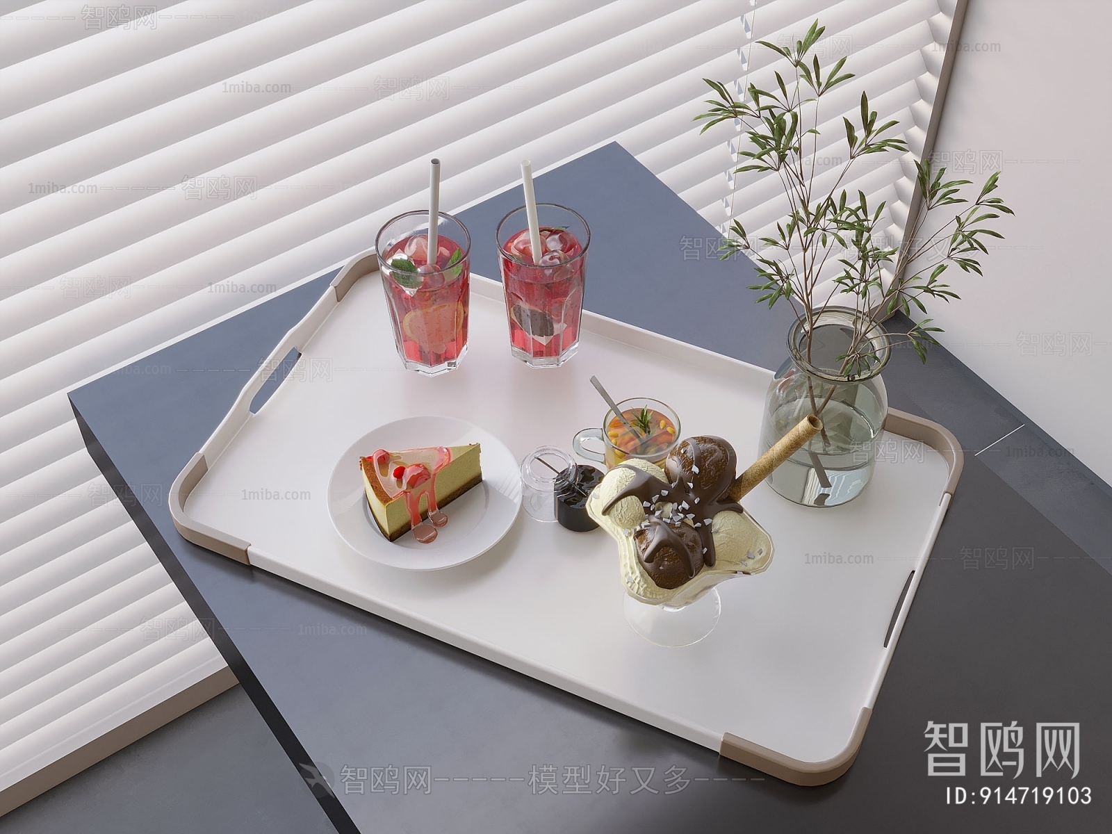 现代托盘蛋糕饮品组合