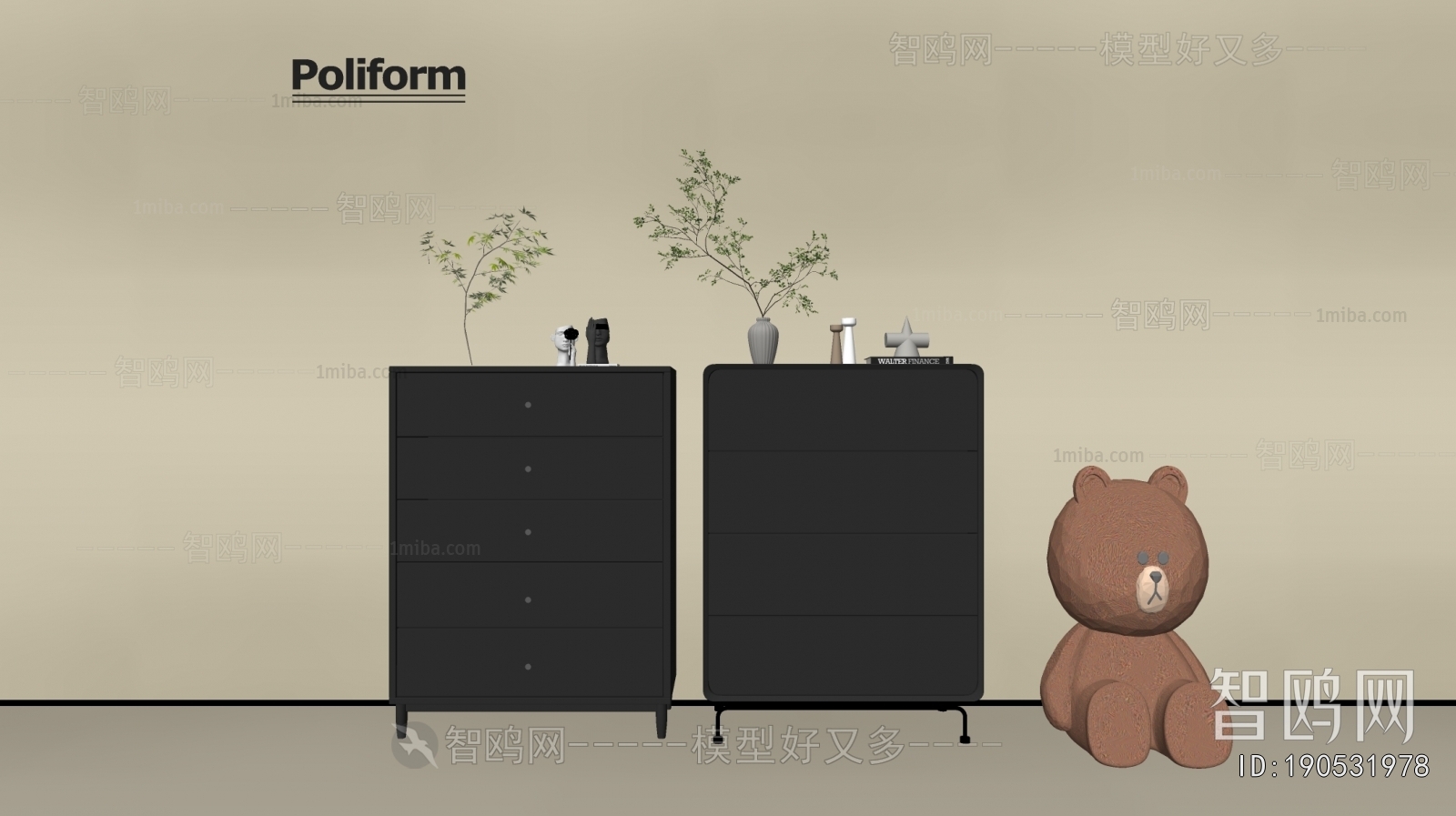 Poliform现代中古风黑色五斗柜组合
