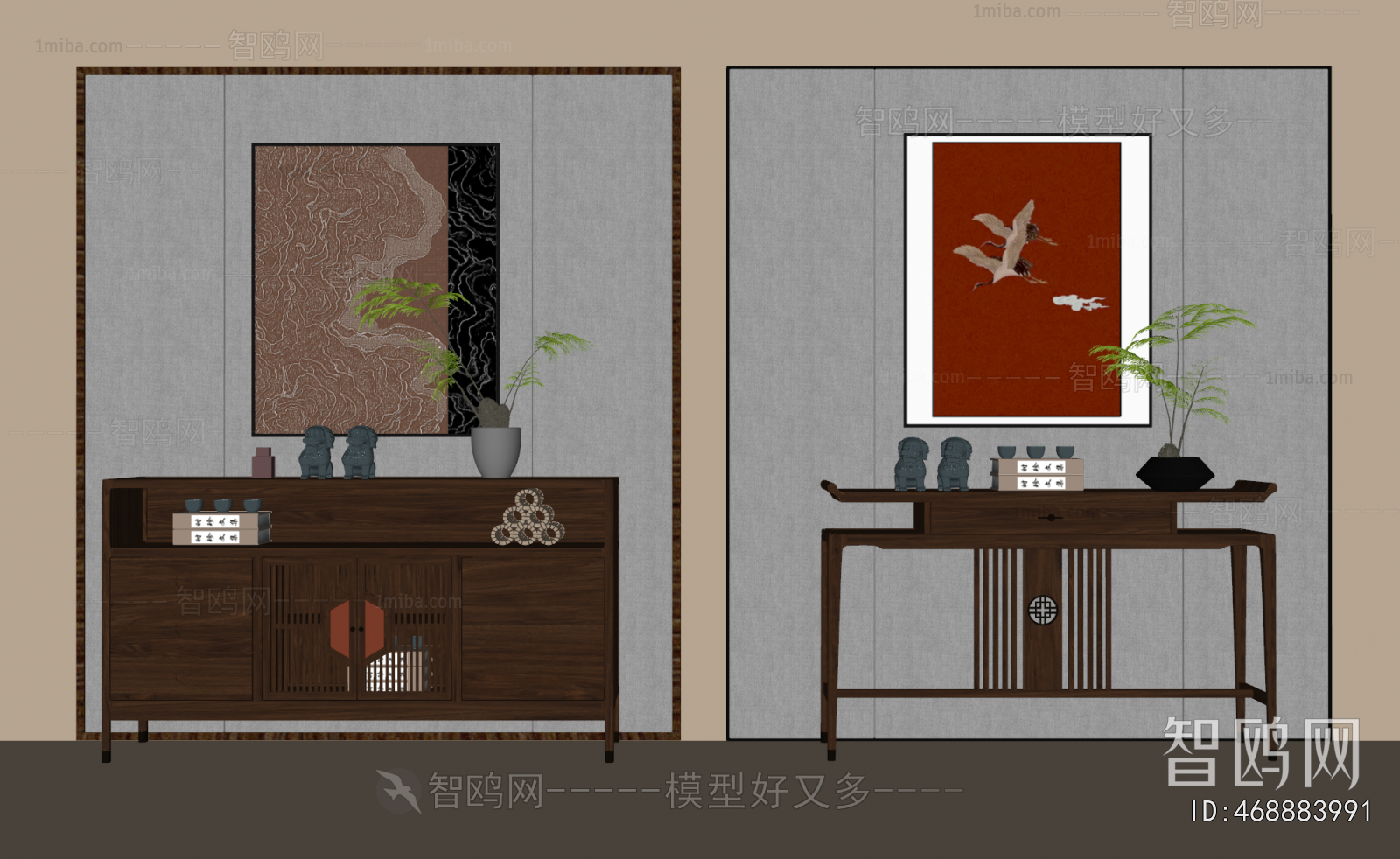 新中式端景玄关柜组合