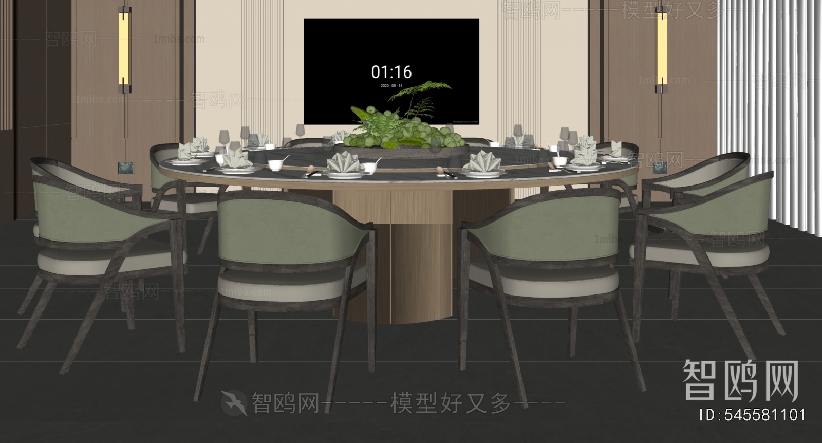 新中式意式圆形餐桌椅组合