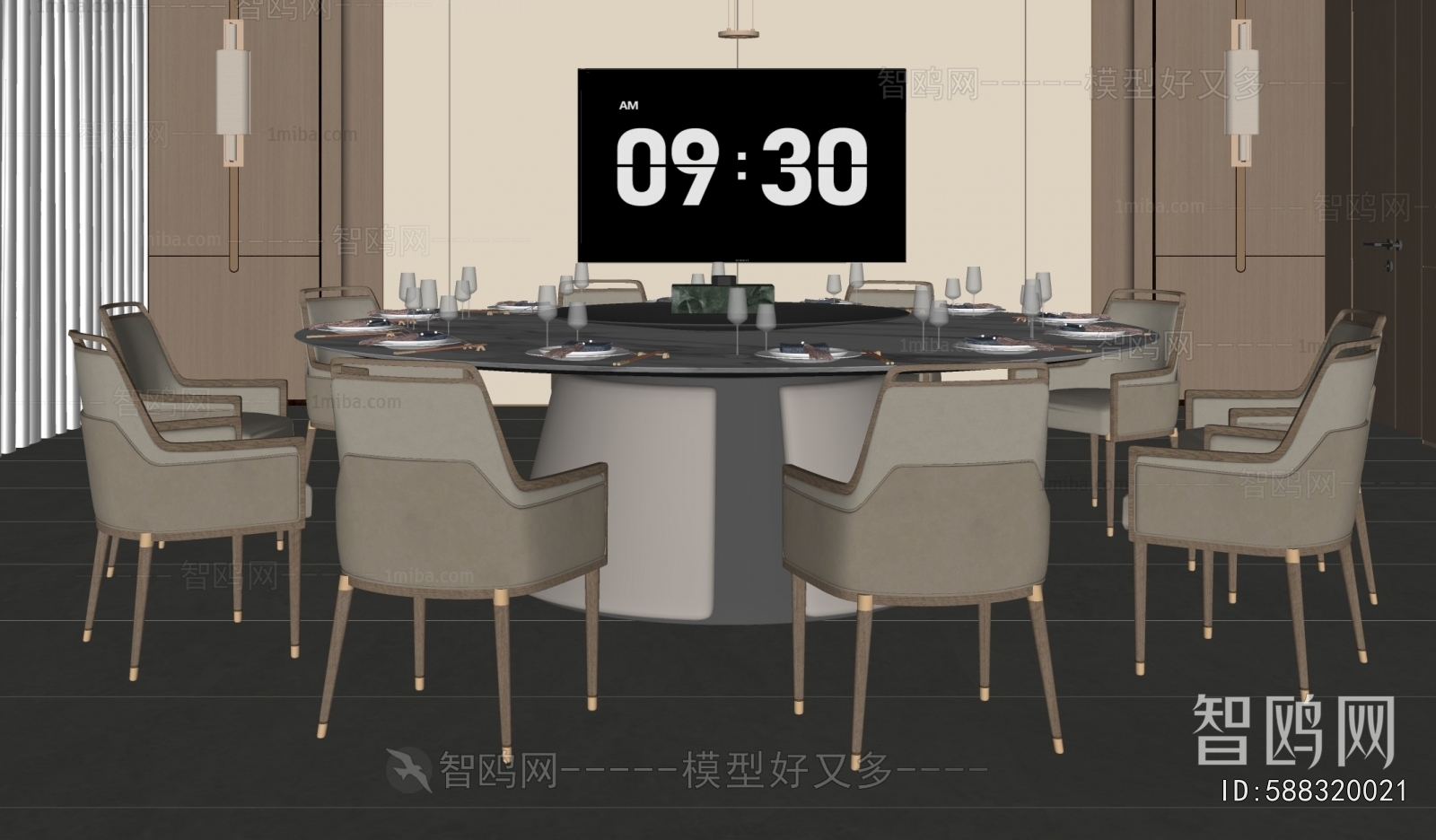 新中式意式圆形餐桌椅组合