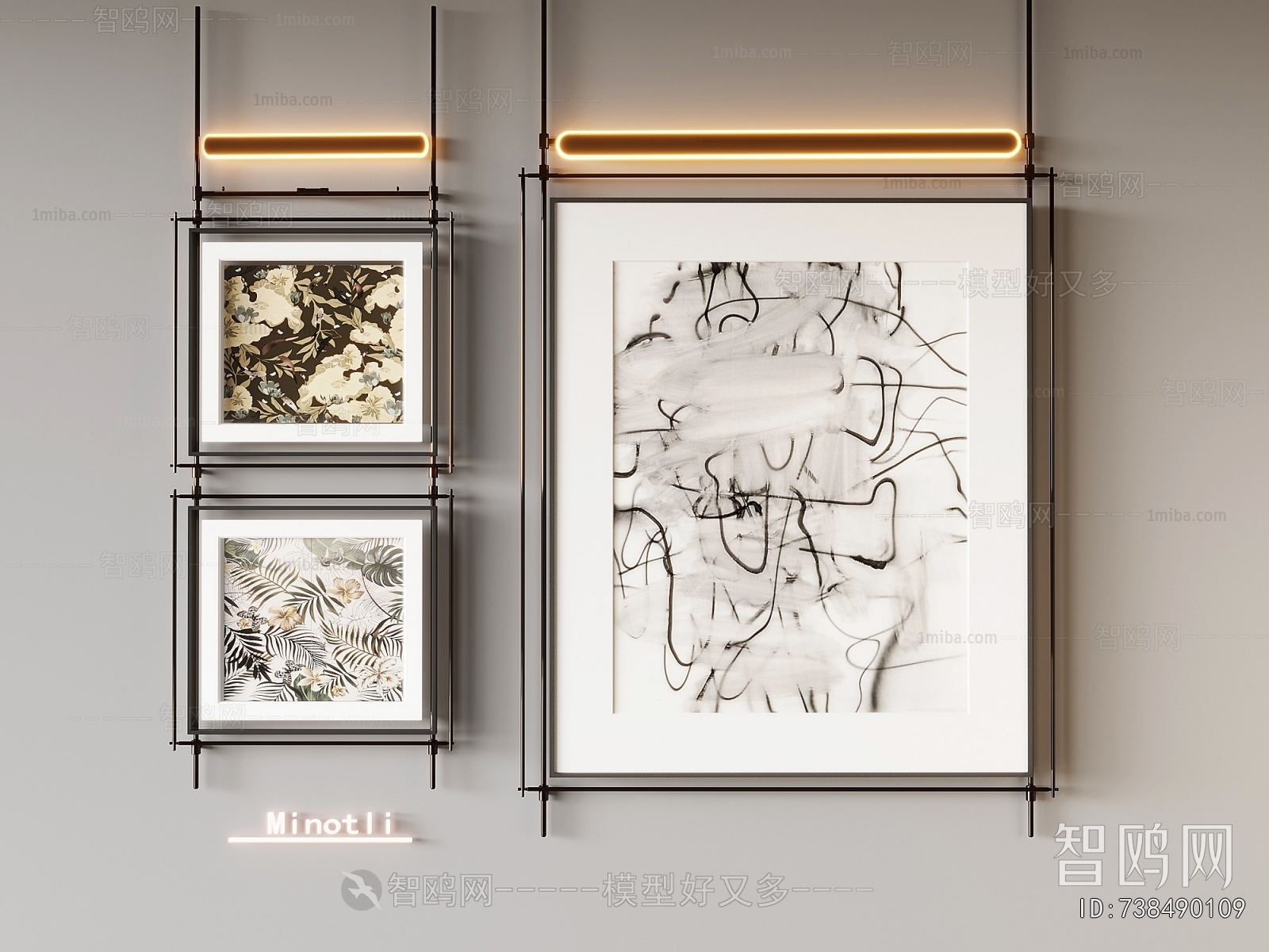 现代意式装饰挂画镜前灯组合