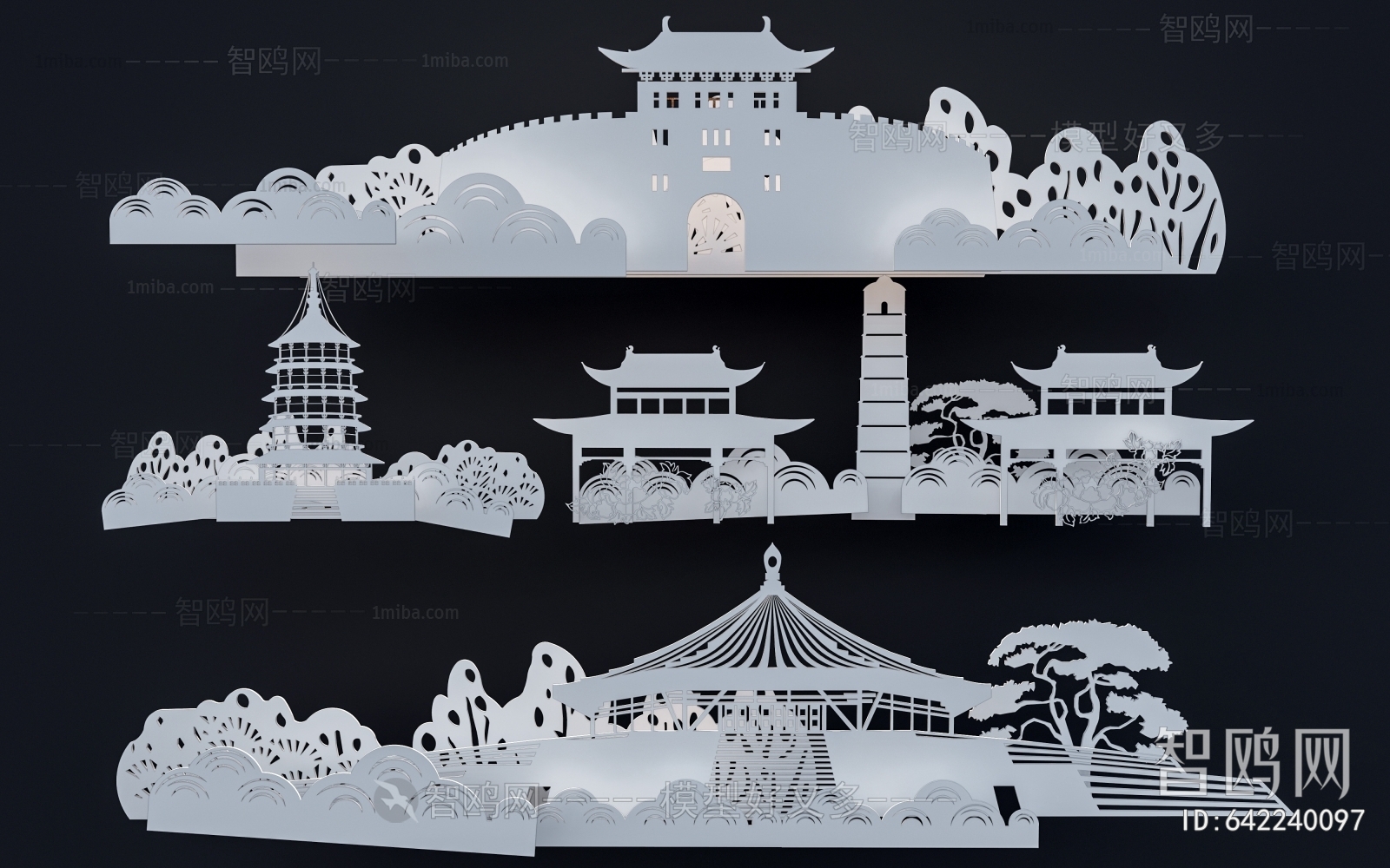 中式洛阳地标古建筑剪影组合