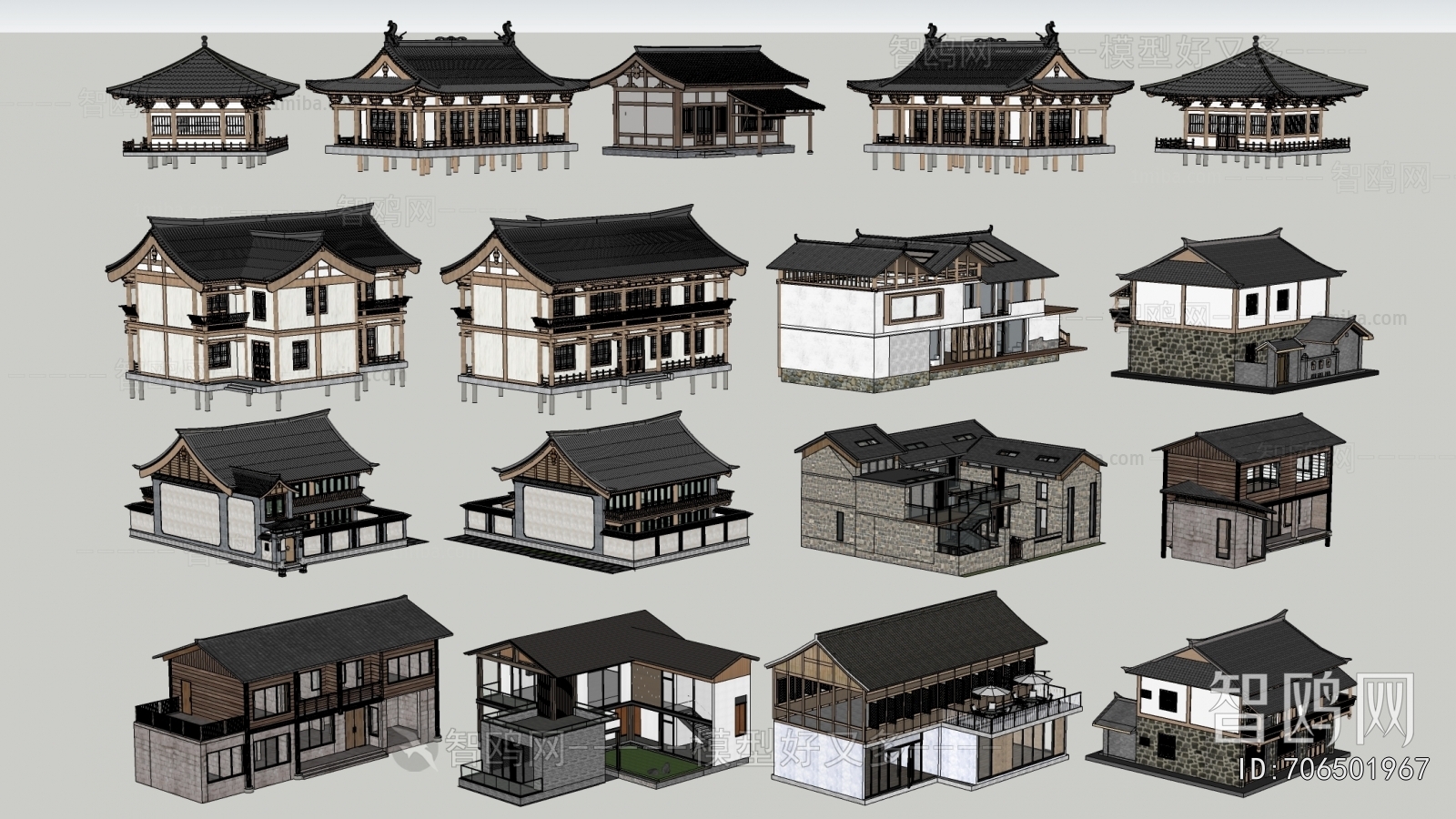 新中式乡村民宿建筑组合