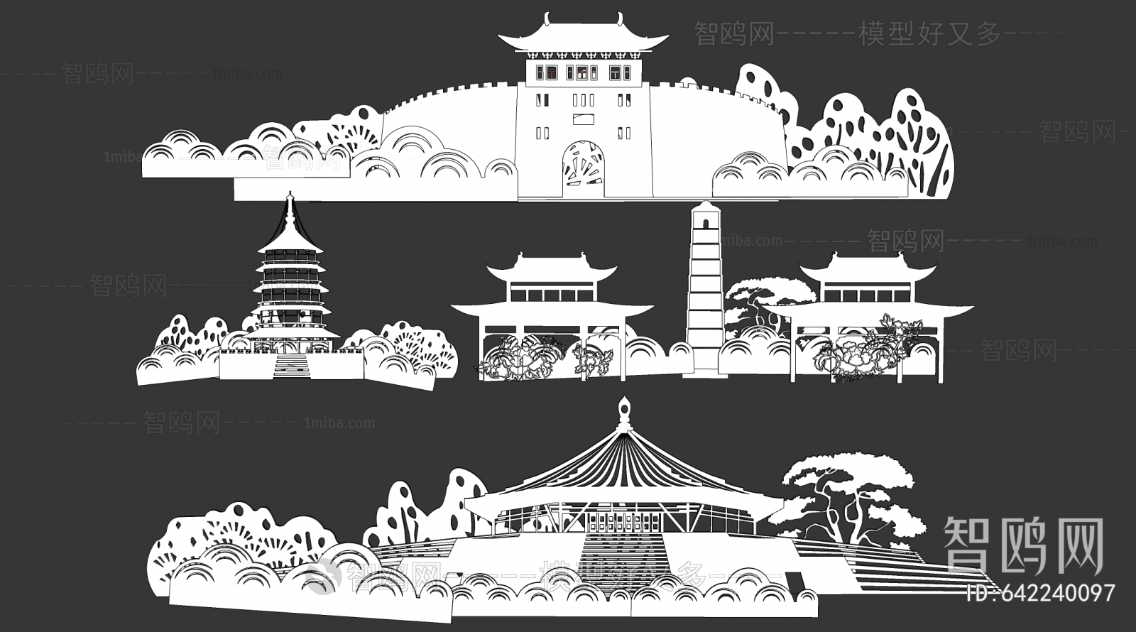 中式洛阳地标古建筑剪影组合