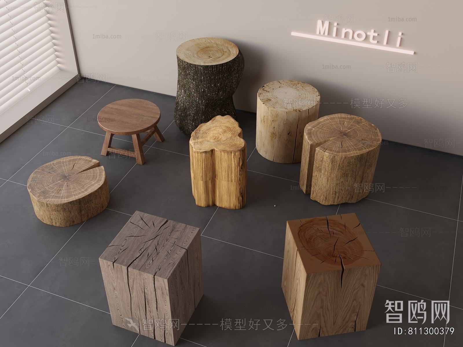 现代实木木墩凳子组合