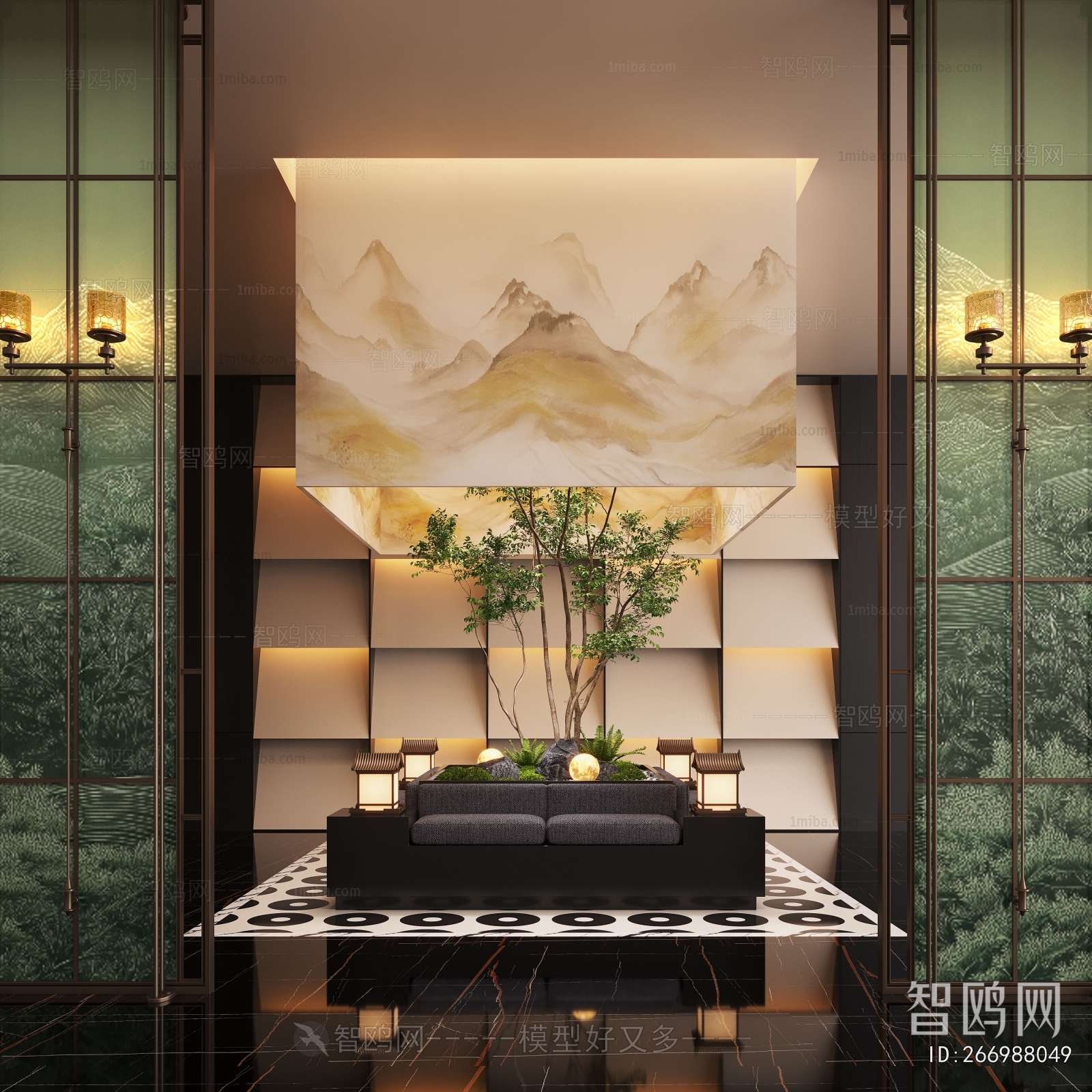 新中式酒店大厅景观造景