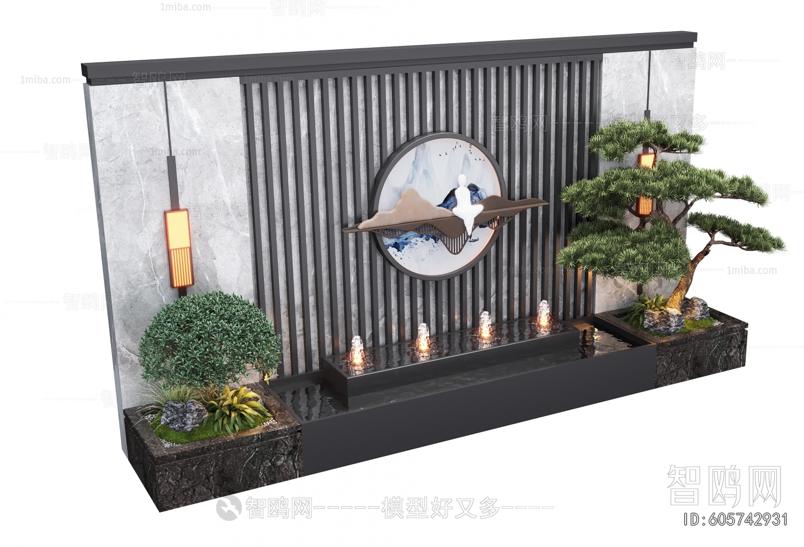 新中式庭院景墙涌泉小品