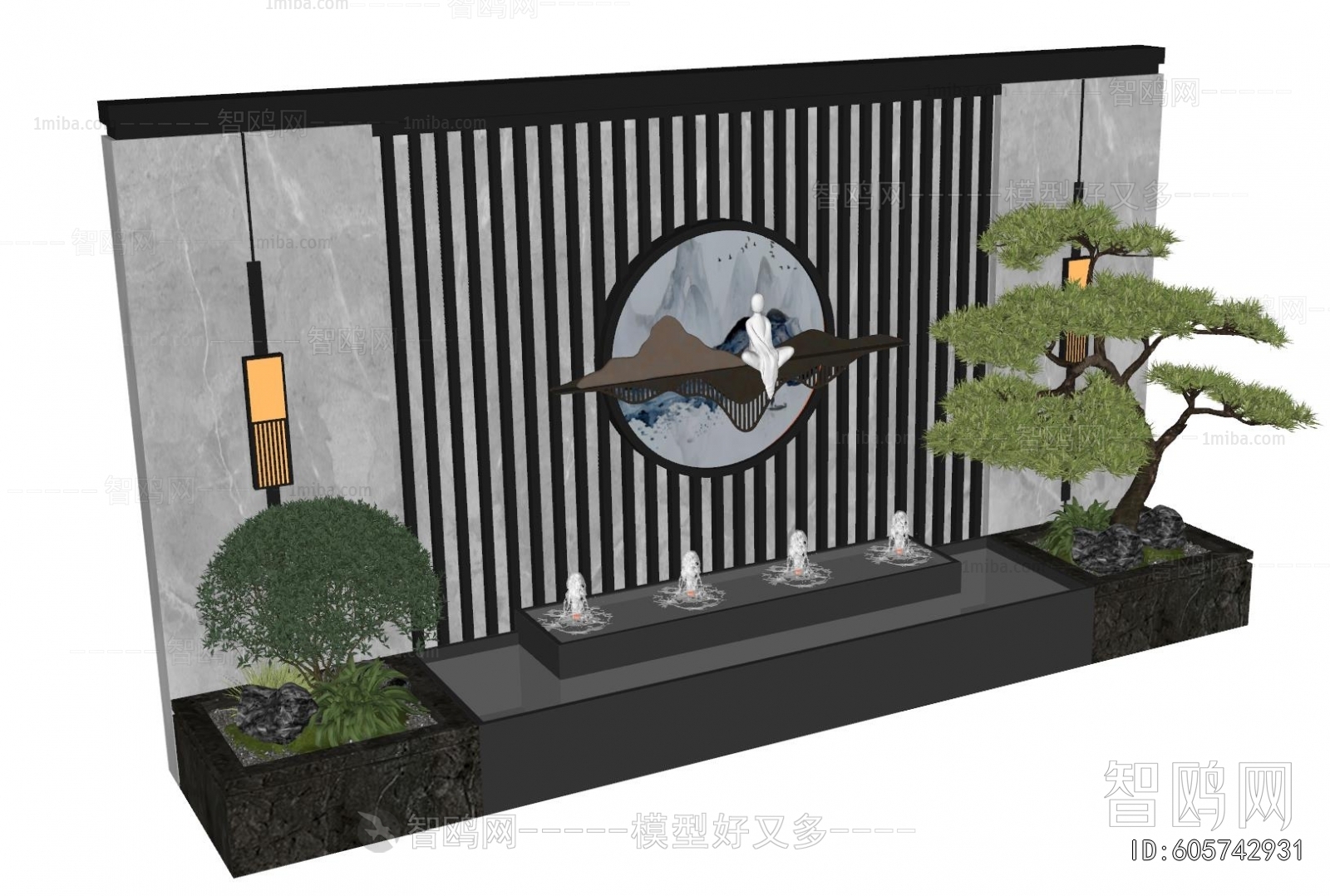 新中式庭院景墙涌泉小品