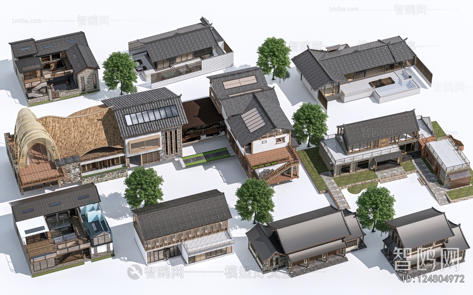 新中式乡村民宿建筑组合