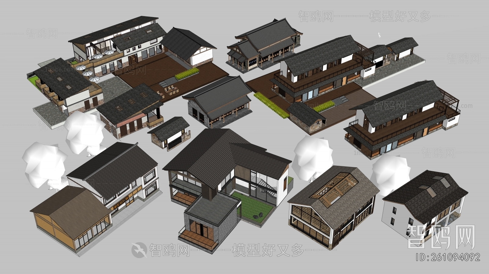 新中式乡村民宿建筑组合