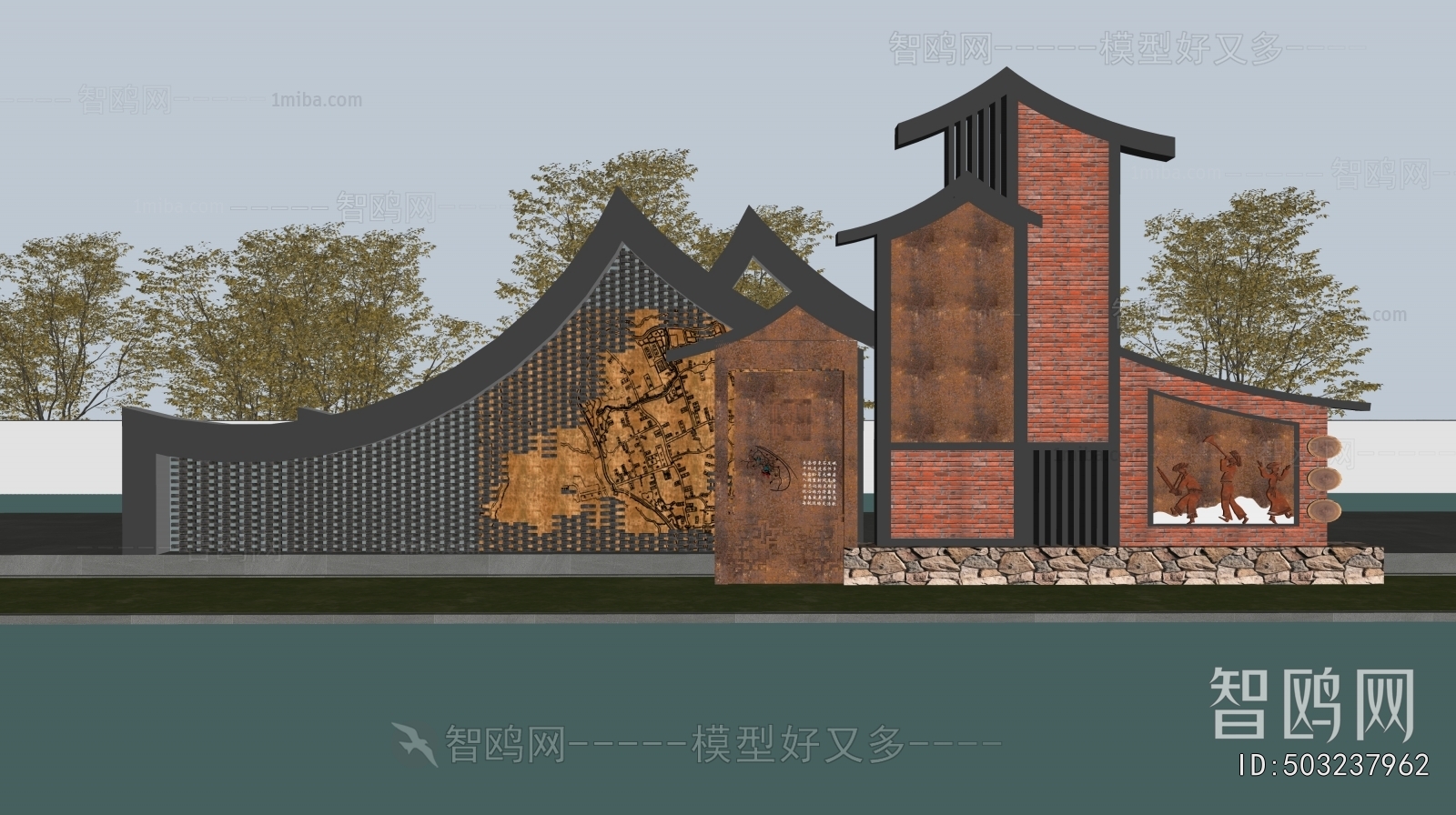 新中式乡村入口导视牌宣传栏组合