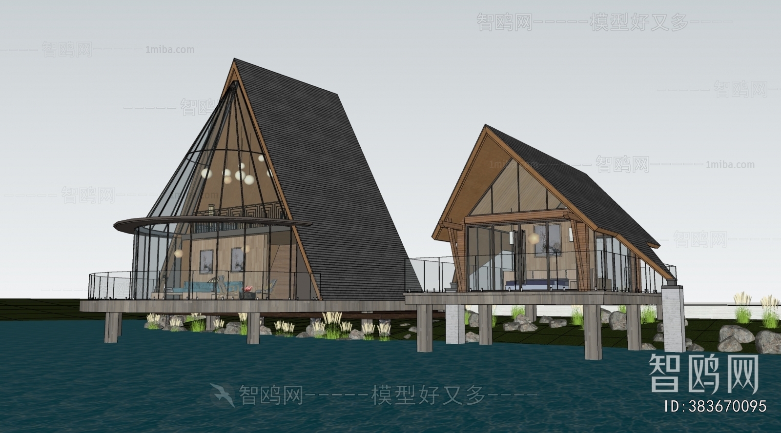 新中式木屋民宿景观建筑组合
