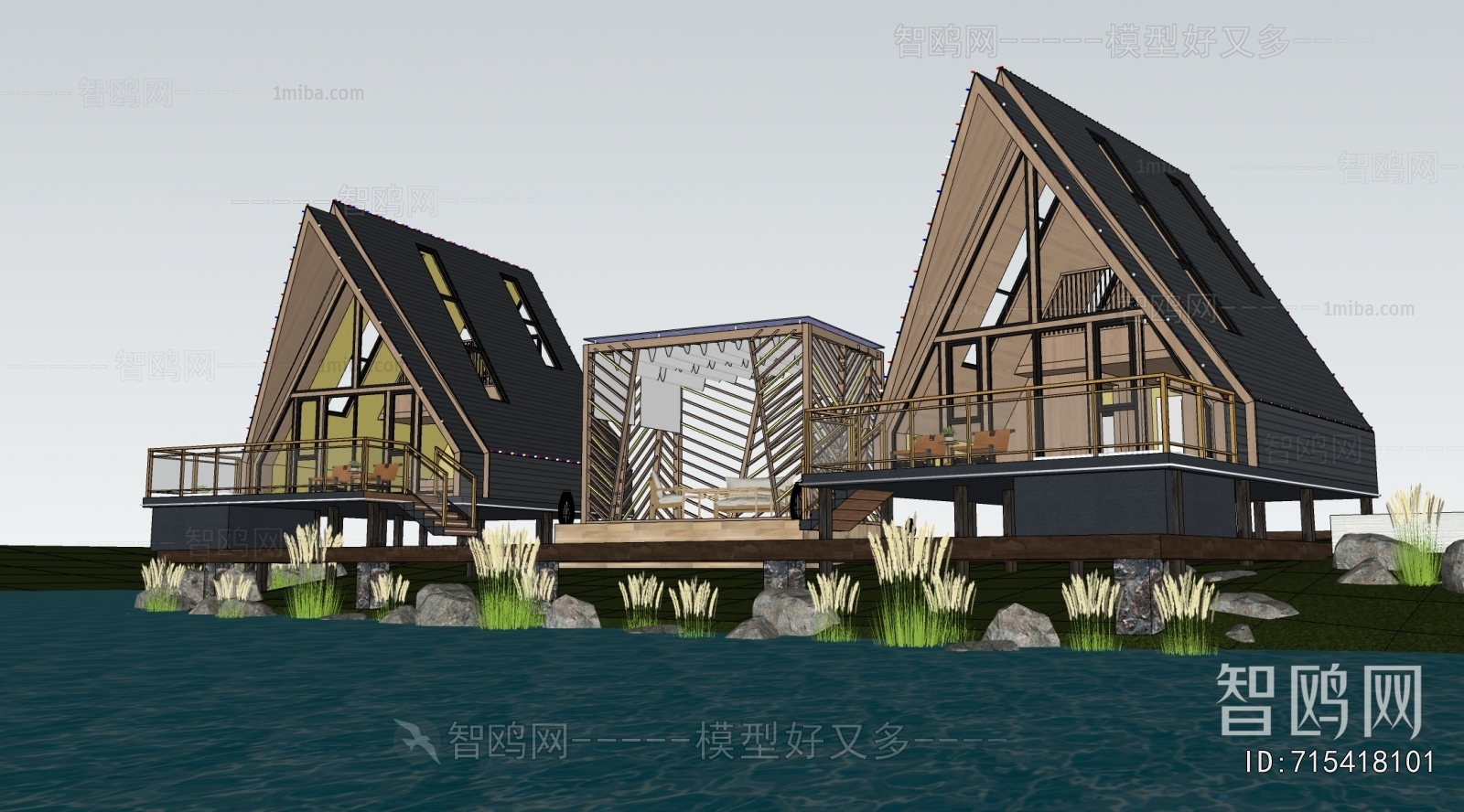 新中式木屋民宿建筑组合