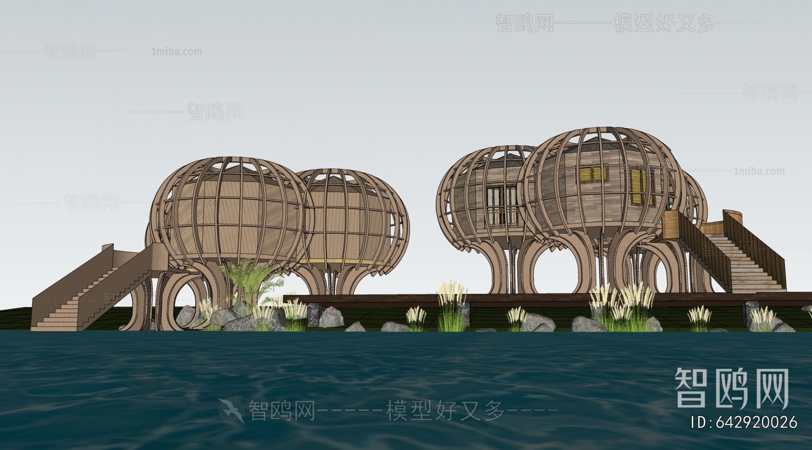 现代木屋民宿景观建筑组合