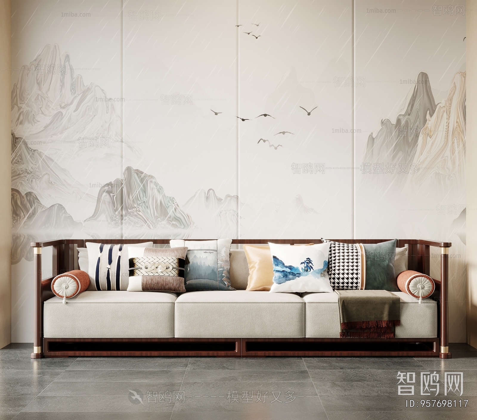 New Chinese Style Three-seat Sofa