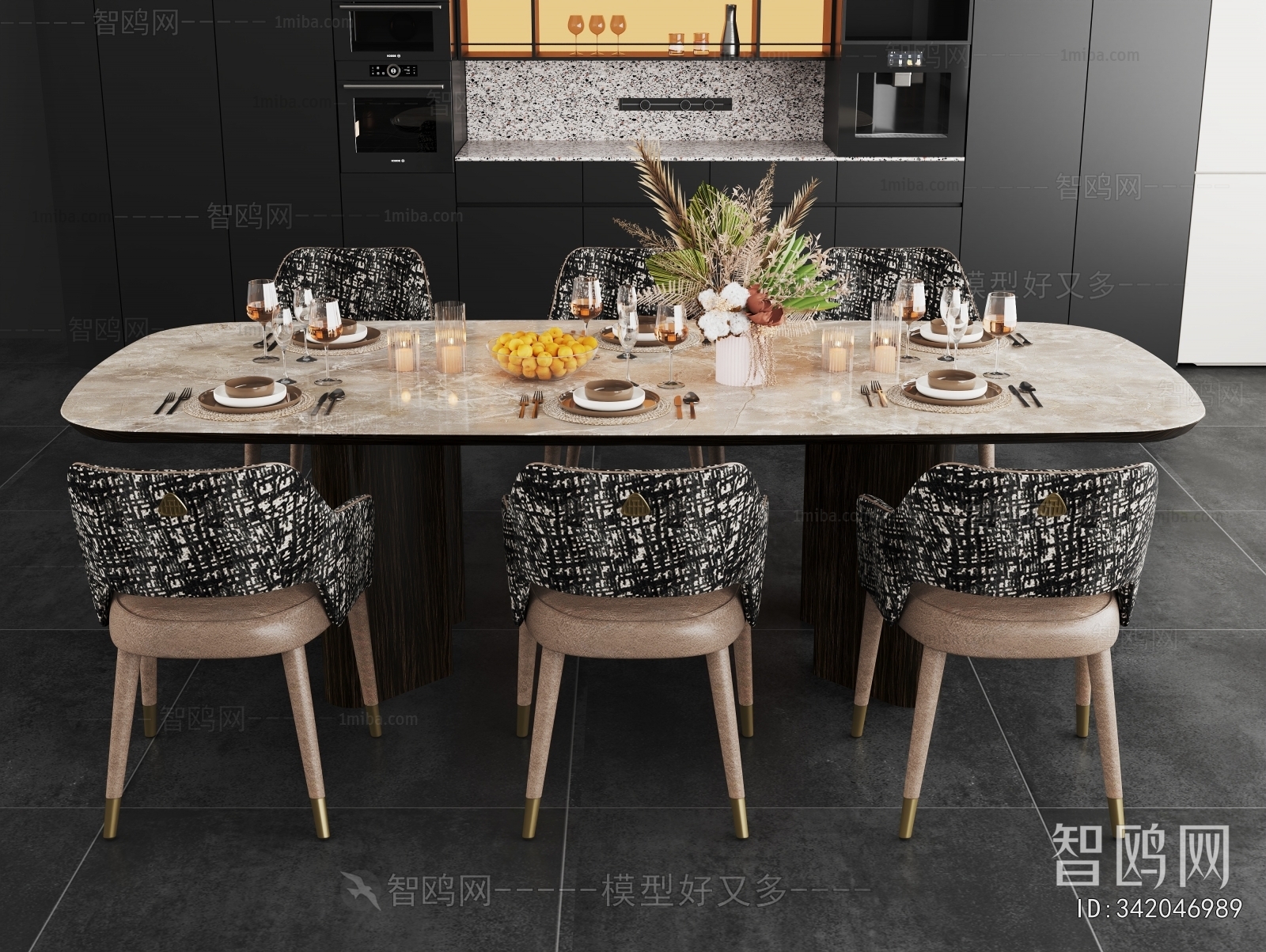 现代轻奢餐桌椅组合3D模型下载