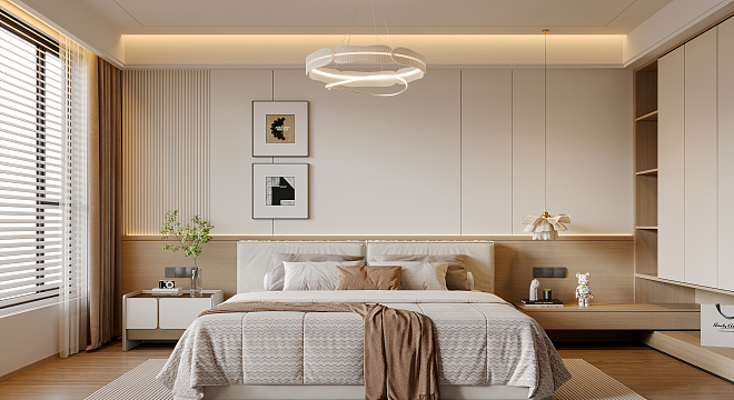 现代奶油风卧室su模型下载