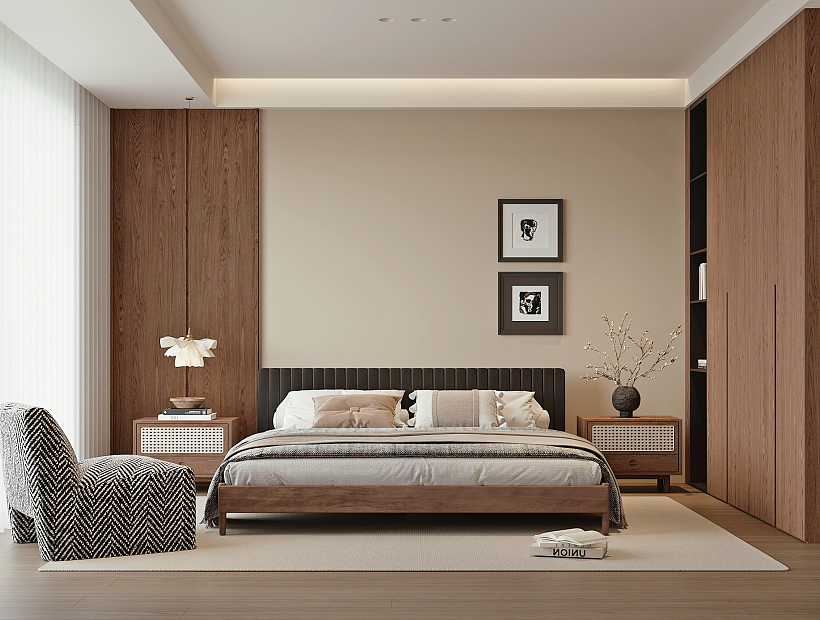 现代中古风卧室su模型下载