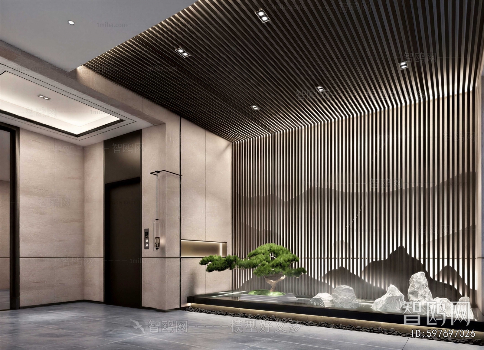 New Chinese Style Office Elevator Hall