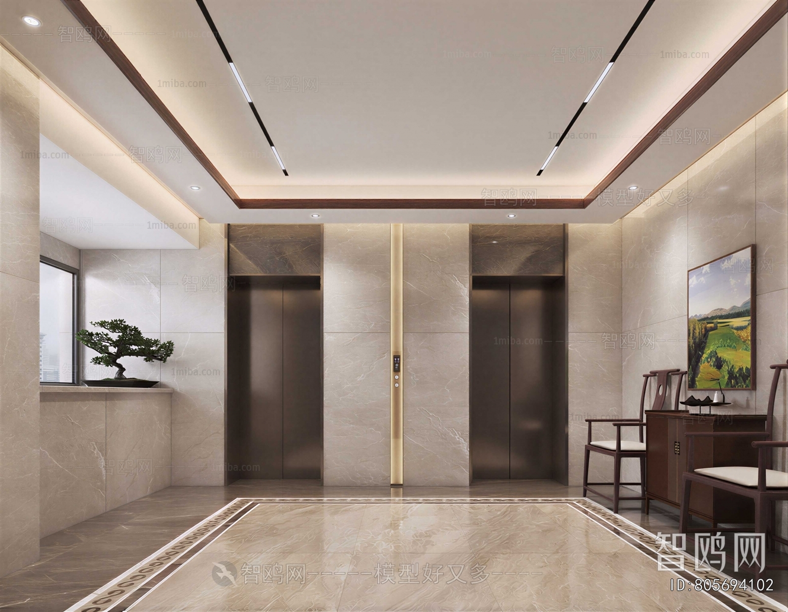 New Chinese Style Office Elevator Hall