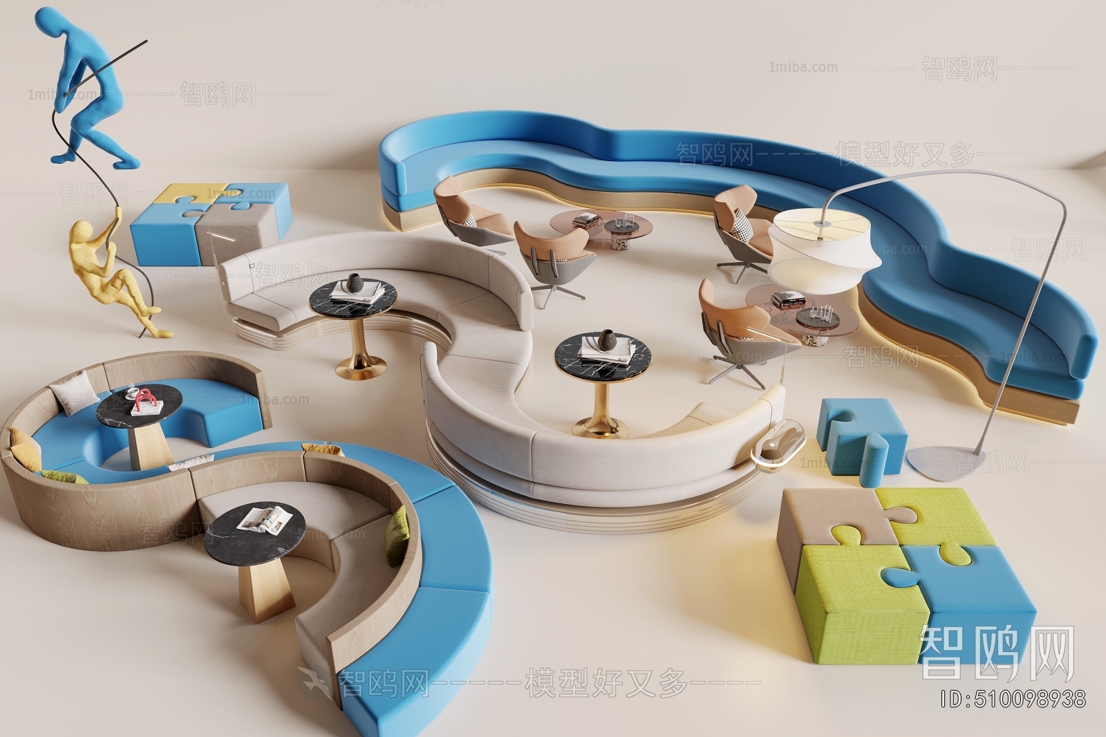 现代办公室休闲卡座沙发组合3D模型下载