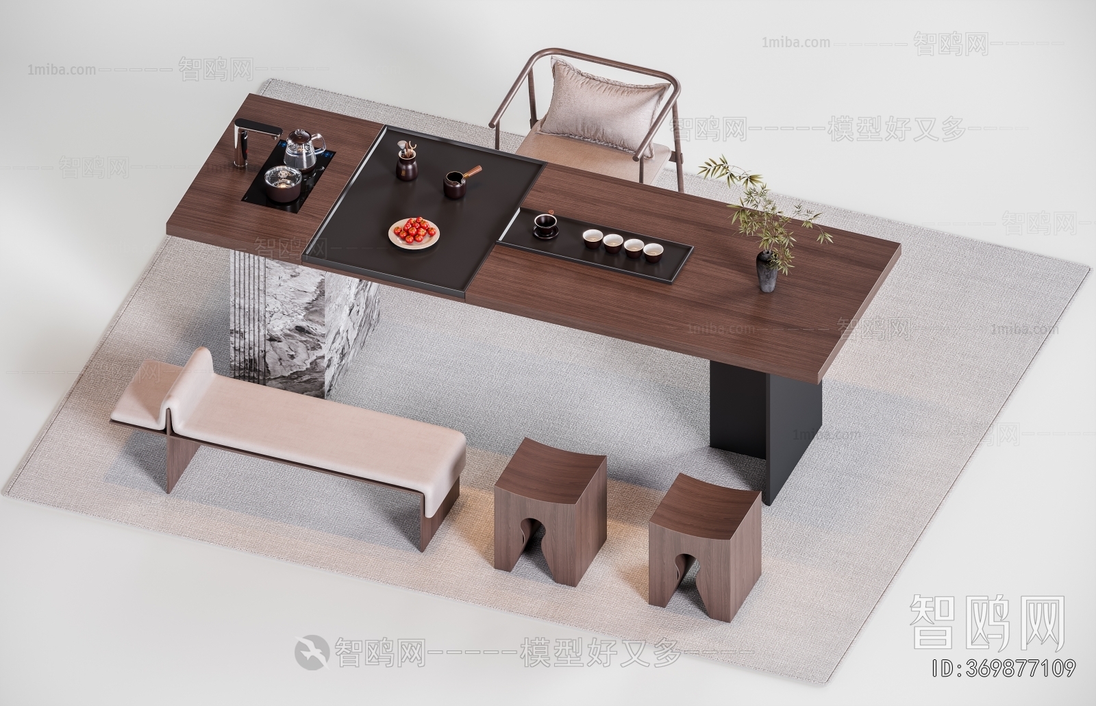 新中式茶桌椅3D模型下载