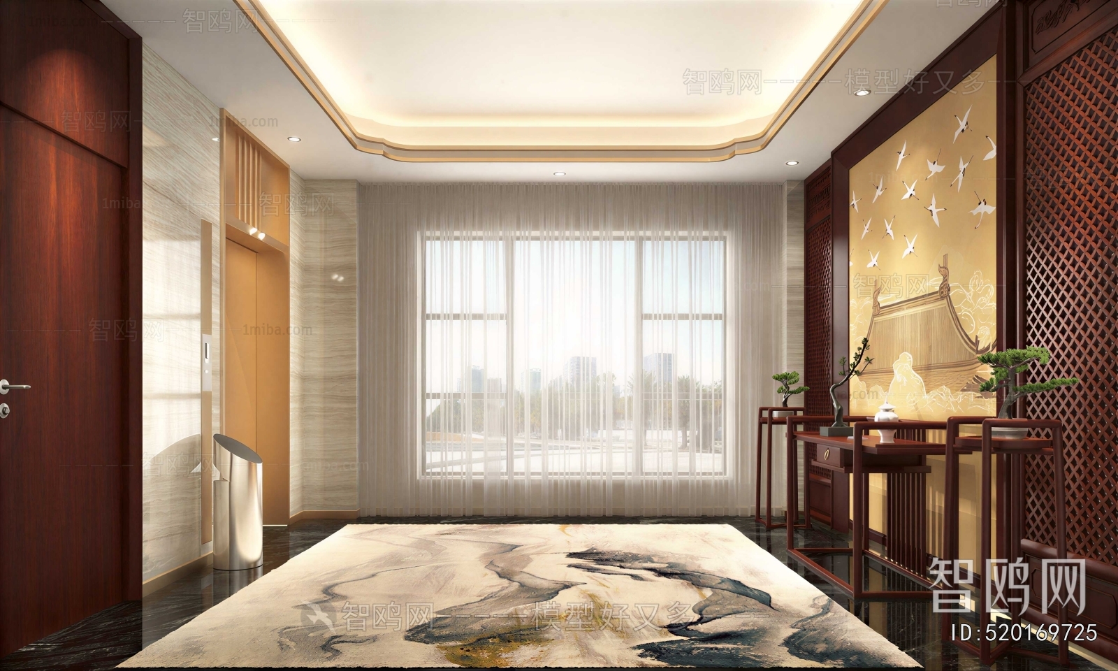 New Chinese Style Office Elevator Hall