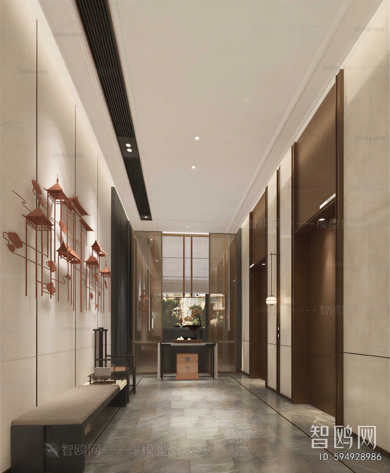 New Chinese Style Office Elevator Hall