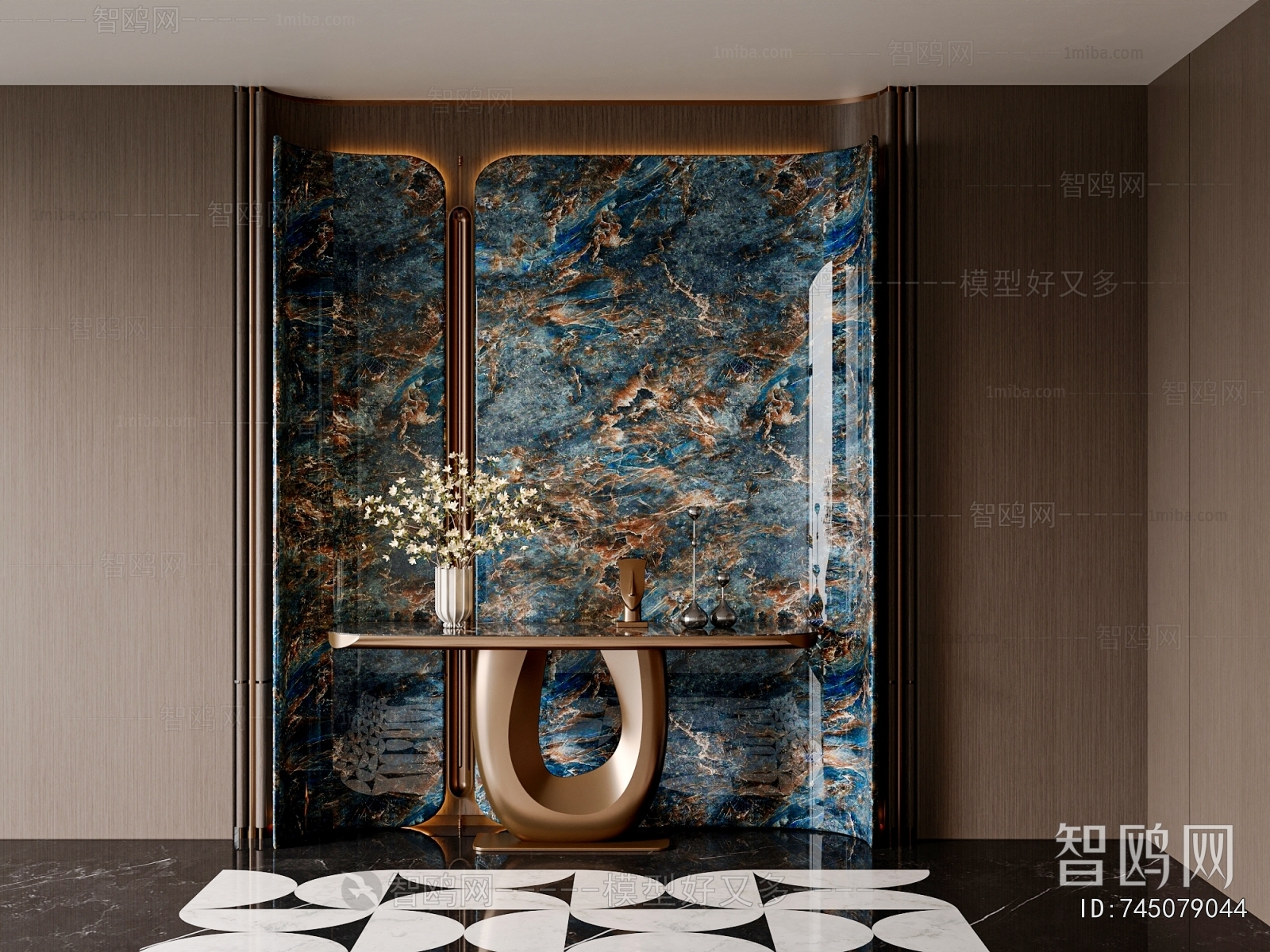 现代轻奢背景墙端景台3D模型下载