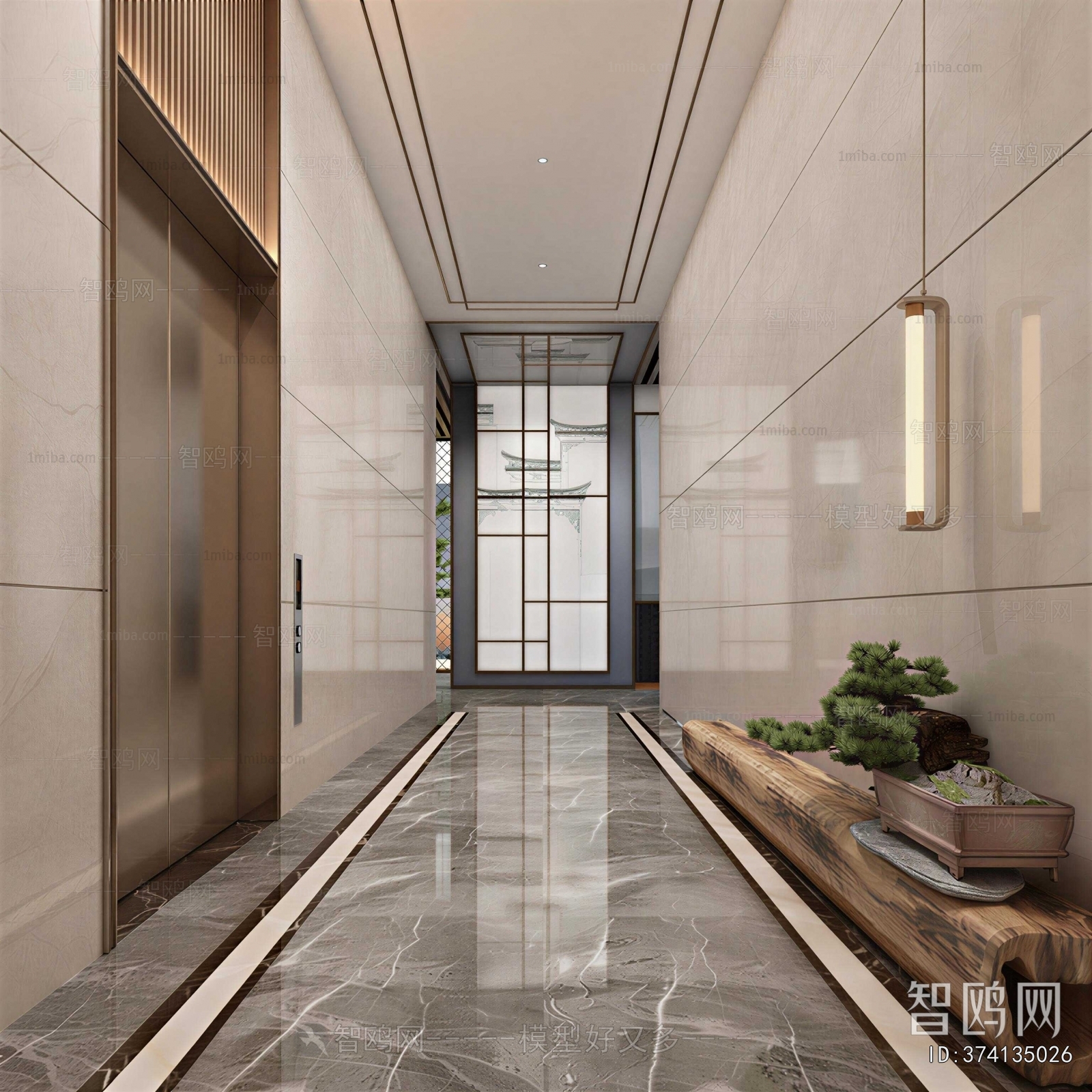 New Chinese Style Office Elevator Hall