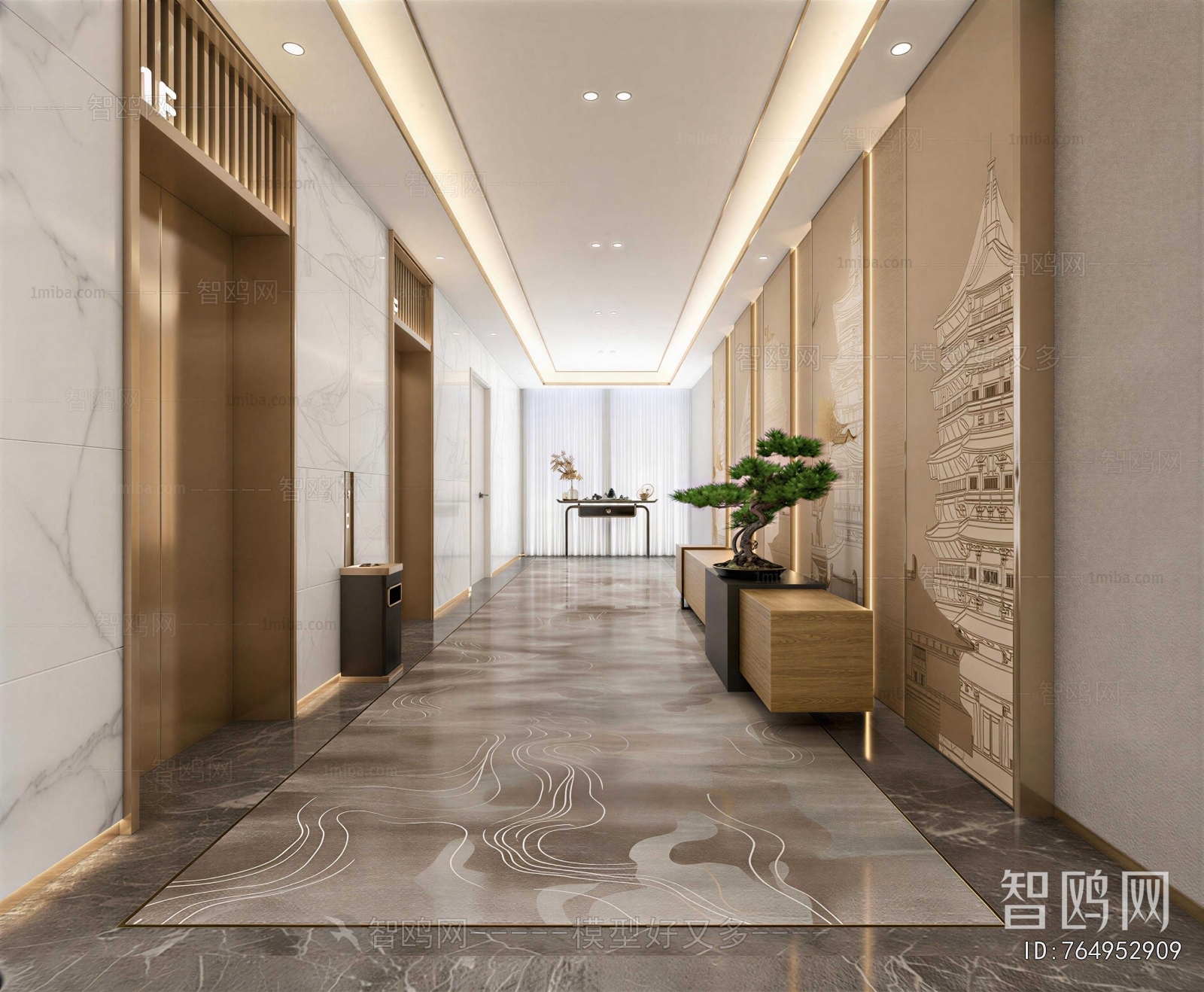 New Chinese Style Office Elevator Hall