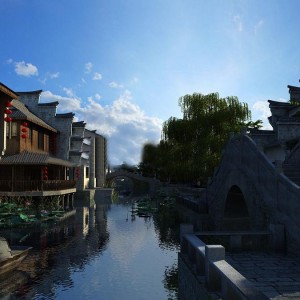 中式古建筑古镇桥水景-模型ID【67745】