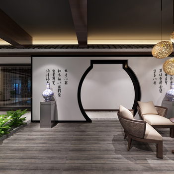 全景-新中式办公前台大厅休息区-模型ID【100231】