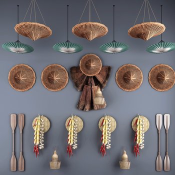 中式农庄斗笠油子伞蓑衣玉米辣椒蒜头墙饰-模型id【132777】