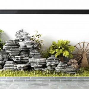 新中式园艺小品假山植物水车景观-模型ID【142431】