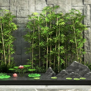 新中式水景假山荷花竹子园艺小品-模型ID【164312】