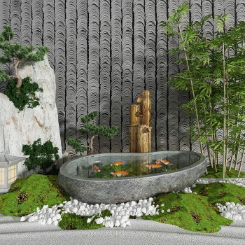 新中式园艺小品竹子假山水景-模型ID【242982】