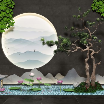新中式松树荷花水景景观小品-模型ID【366647】