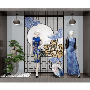 新中式橱窗展示人物模特屏风隔断-模型ID【451214】