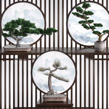 新中式迎客松盆栽植物组合-模型ID【501007】
